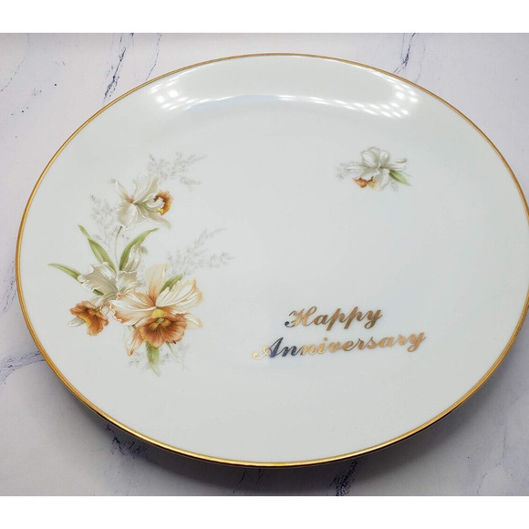 Wedding Anniversary White With Gold Floral Design Vintage 8 Inch Plate - Picture 2 of 4